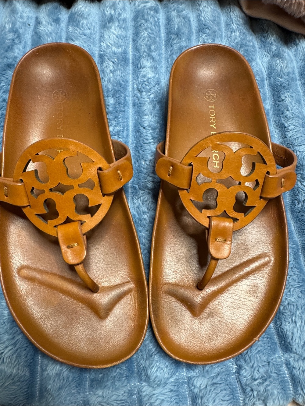 Tory Burch Tan Leather Logo Toe-Post Sandals